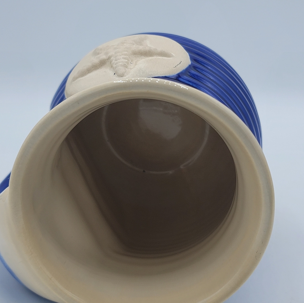DEI Starfish Mug Nautical Coastal Pottery Ribbed Blue Tan 5.25" Cozy Hand Grip - Picture 8 of 10